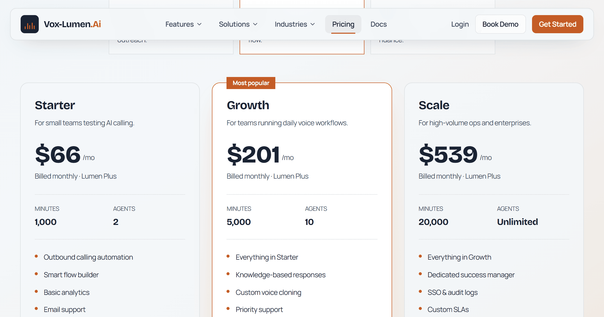 Vox-Lumen.Ai pricing plans side by side — Starter, Growth and Scale — each listing its included minutes, agent count and voice model tier.